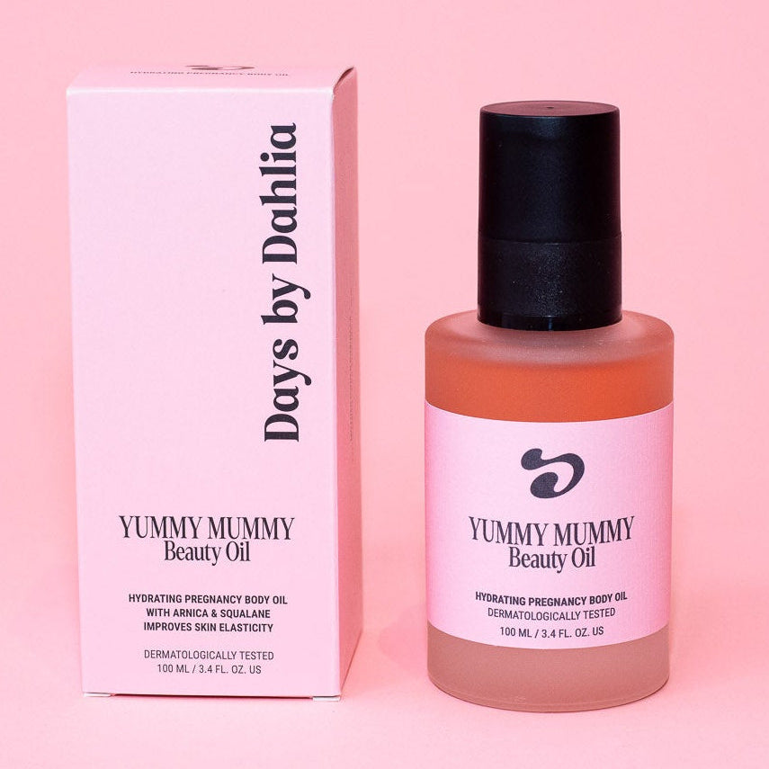 Yummy Mummy Beauty Oil -ravitseva ja kosteuttava ihoöljy raskausajan ja vauva-arjen ihonhoitoon.