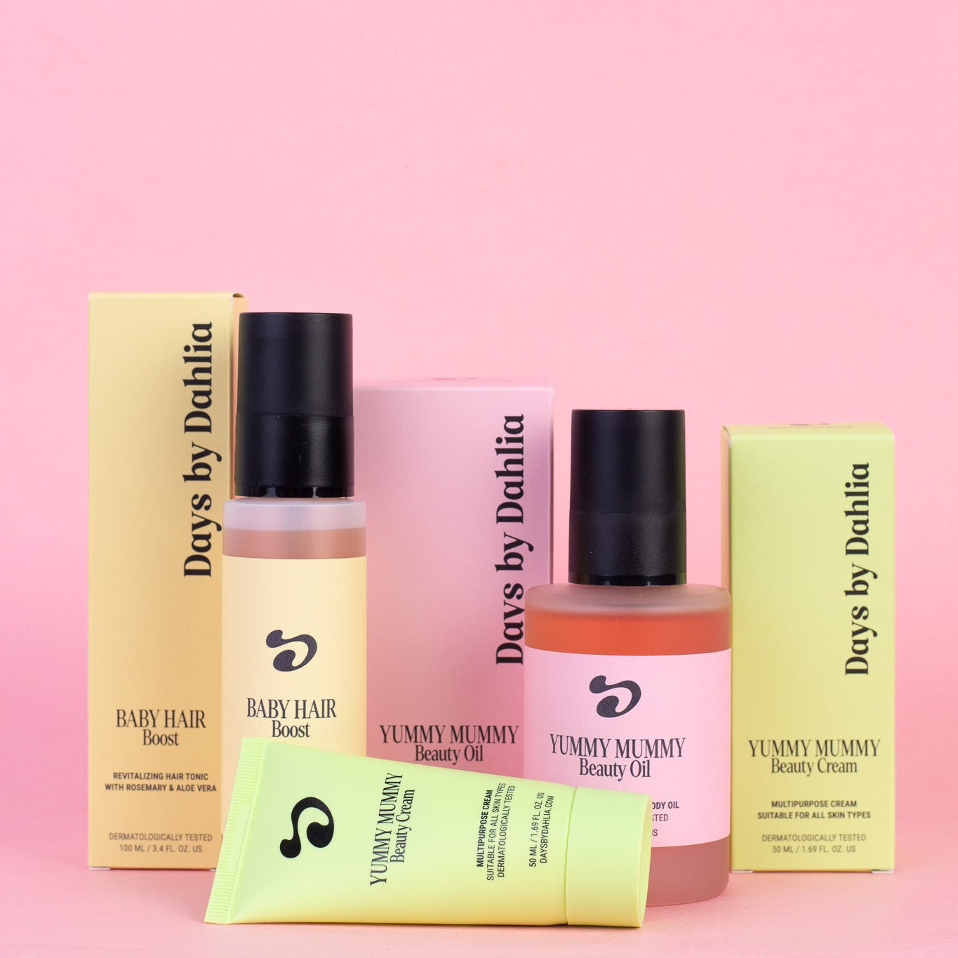 Yummy Mummy Valentines Day Box -lahjasetti uudelle äidille sisältäen ravitsevan raskausöljyn, ihovoiteen ja hiusseerumin